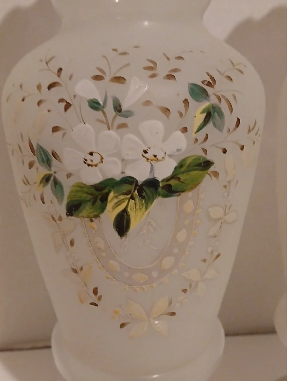 Antique Victorian Era Opaline Glass Vases with Hand-Painted Floral 1880-1890s